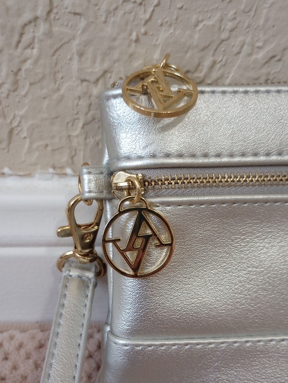 Adrienne Vittadini Metallic Silver Wristlet Clutch with Gold Accents - Picture 4 of 6